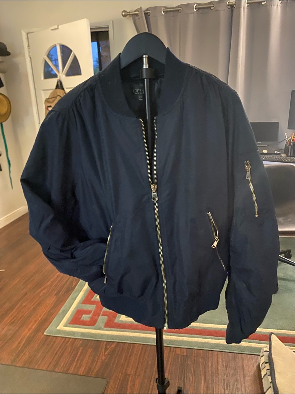 Topshop Navy Bomber Jacket with Zip Details